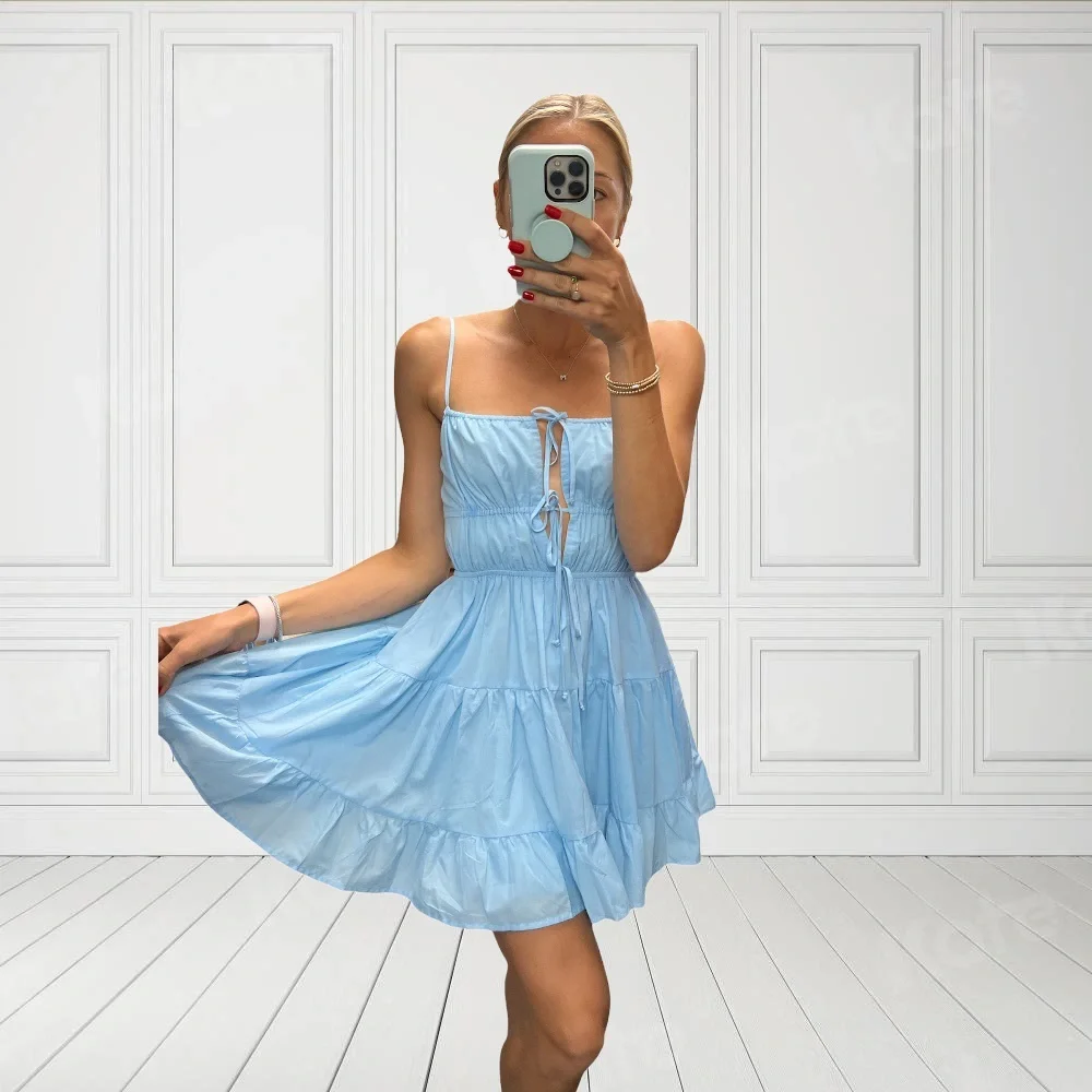 Cotton Candy LA Women’s Light Blue Baby Doll Mini Summer Dress Tie Front New - Picture 3 of 3